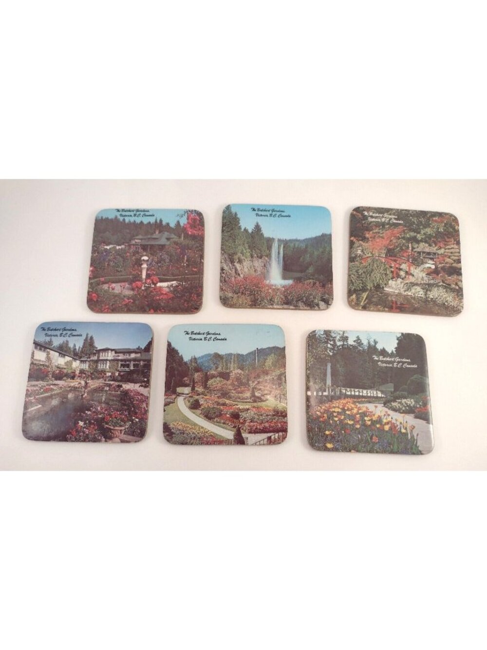 The Butchart Gardens BC Canada Cork Backed Square Coasters Set of 6 Vintage